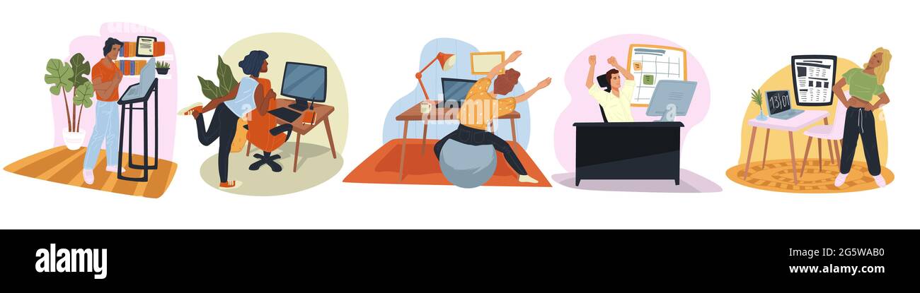 Persone che lavorano da casa, i personaggi stanchi allenano Illustrazione Vettoriale