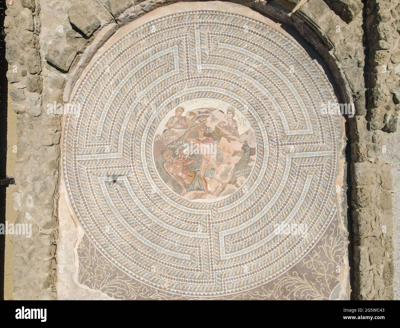 I mosaici romani a casa di Orfeo nel parco archeologico di Kato Paphos nella città di Paphos su Cipro Foto Stock