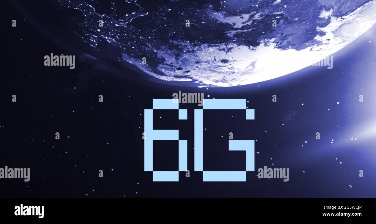 Immagine di testo digitale da 6 g su globo rotante e sole viola visto dallo spazio Foto Stock