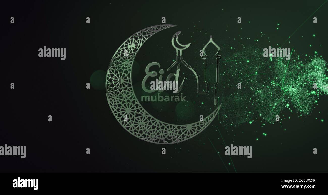 Sparare stella su eid mubarak testo con luna crescente e moschea su sfondo verde Foto Stock