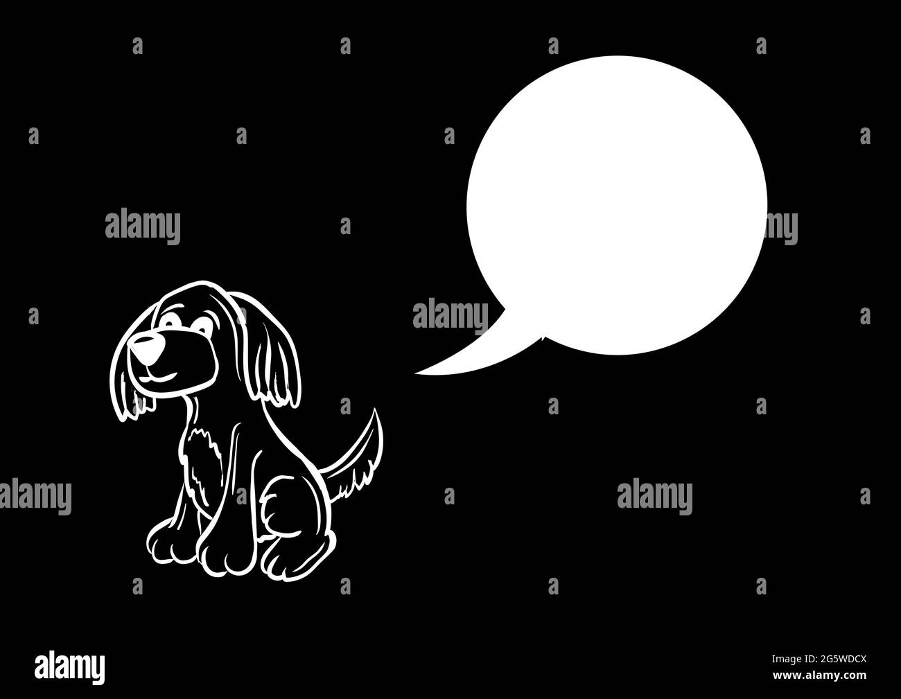 Immagine generata digitalmente della bolla del parlato vuota sopra il disegno del cane su sfondo nero Foto Stock