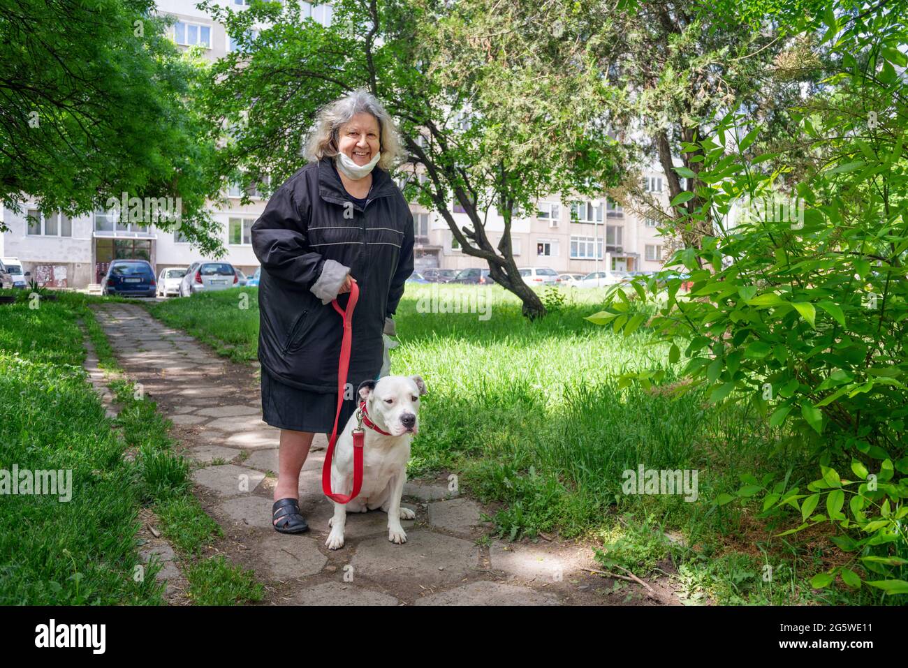Donna anziana sorridente su una passeggiata con un cane su Leash Foto Stock