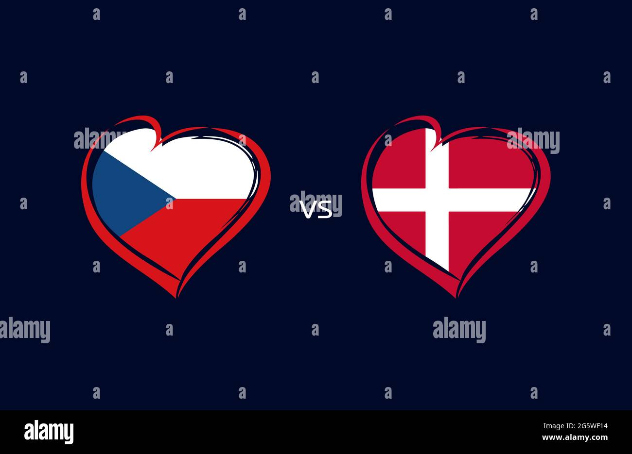 Repubblica Ceca contro Danimarca, emblemi di bandiera. Icone di calcio della nazionale su sfondo blu. Cechi e Danimarca bandiera nazionale in cuore. Illustrazione vettoriale Illustrazione Vettoriale