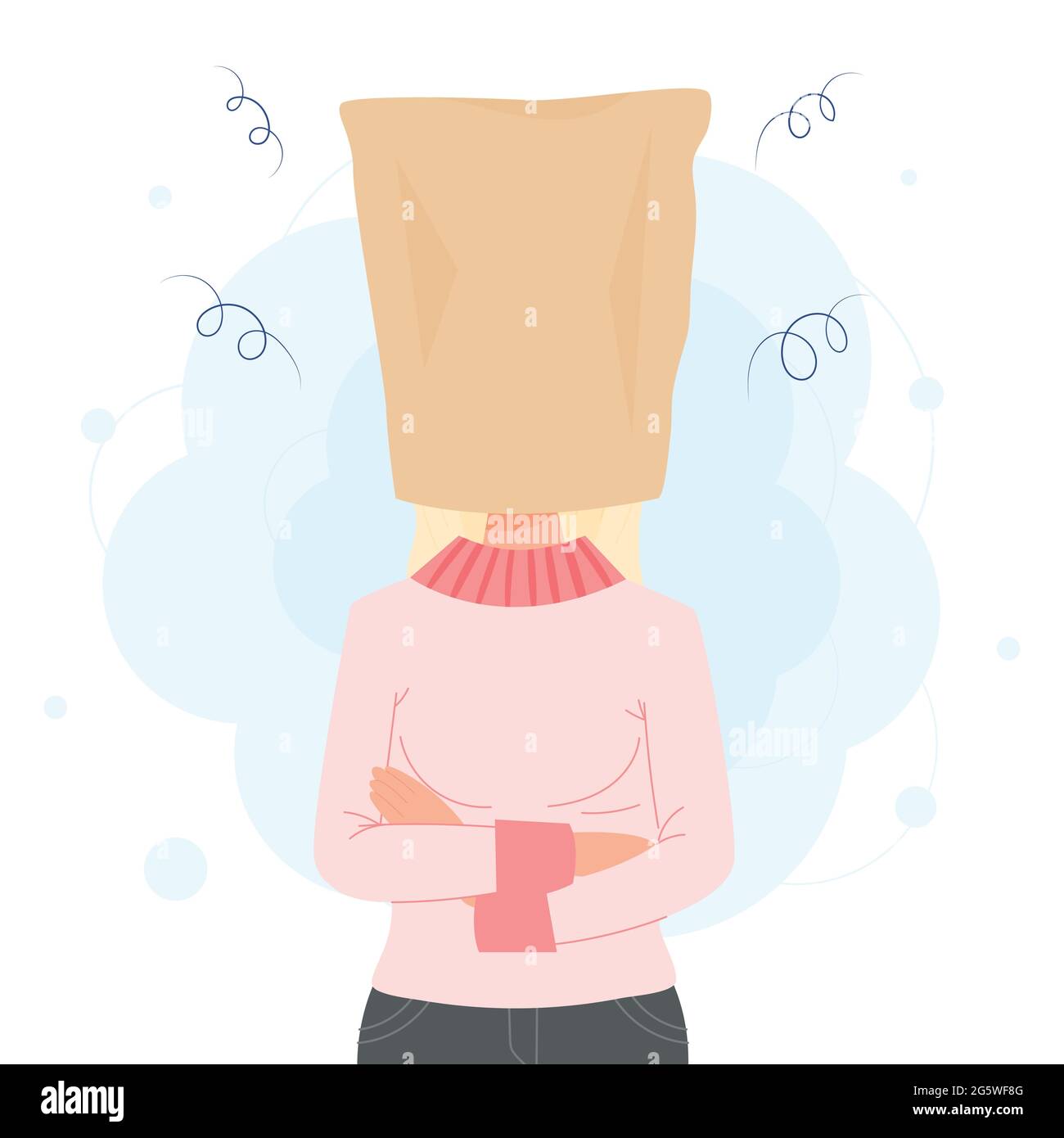 Donna in sacchetto di carta sopra la sua testa ha bisogno di tempo per pensare o domare la rabbia. Illustrazione di concetto Illustrazione Vettoriale
