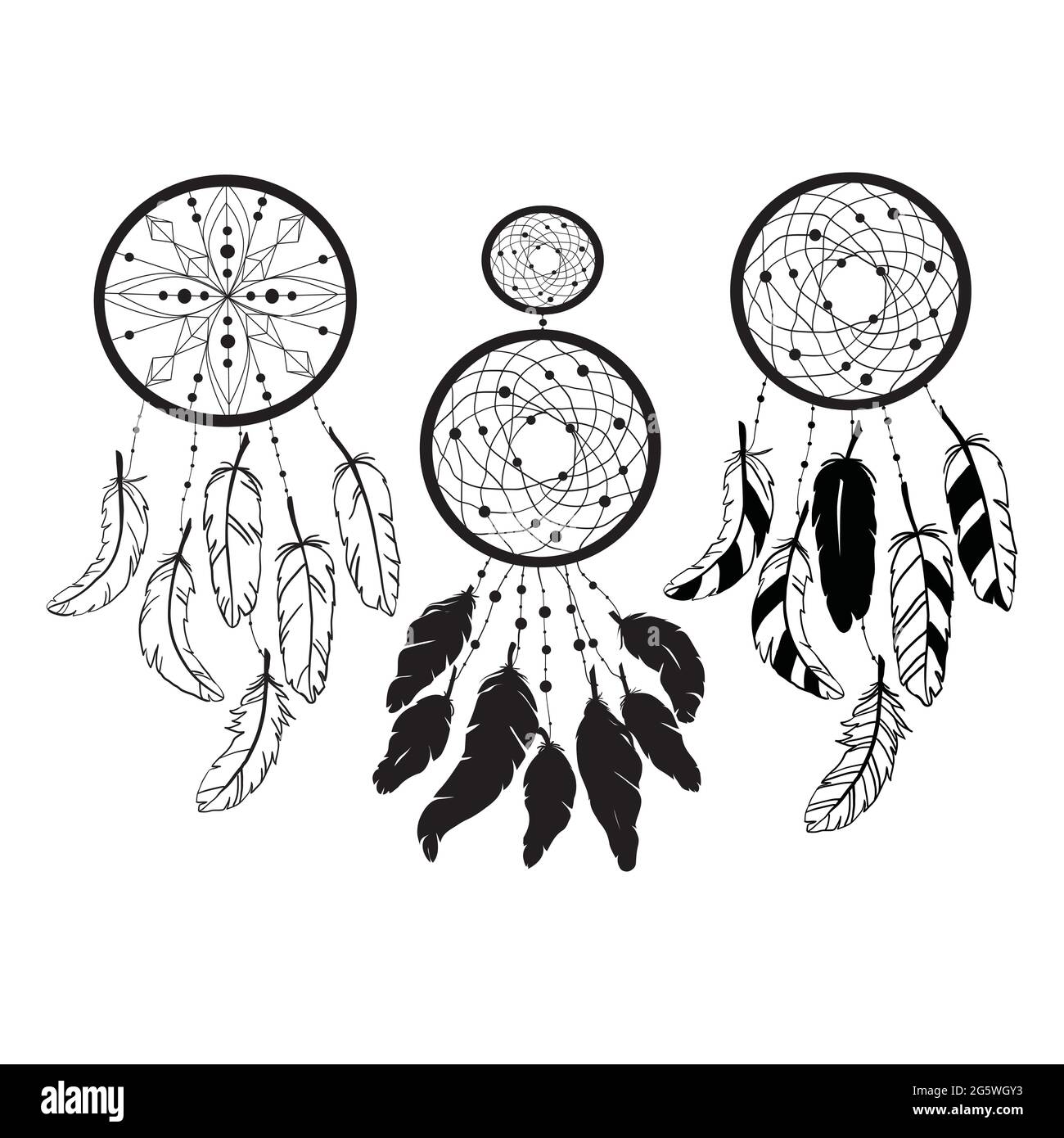 Set di sagome Dreamcatcher, illustrazione vettoriale etnica isolata su sfondo bianco. Adatto per la stampa su una t-shirt Illustrazione Vettoriale