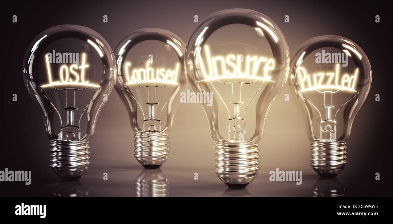 Perso, confuso, incerto, perplesso - quattro lampadine luminose - illustrazione 3D Foto Stock