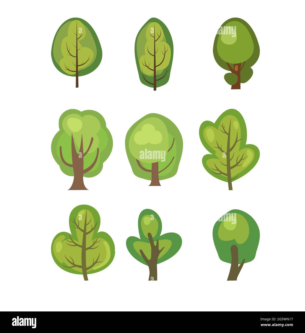 Foresta piatta. Insieme con alberi. Illustrazione in un semplice stile simbolico. Oggetti per un divertente paesaggio verde. Fumetto design. Fuori città selvaggio Illustrazione Vettoriale
