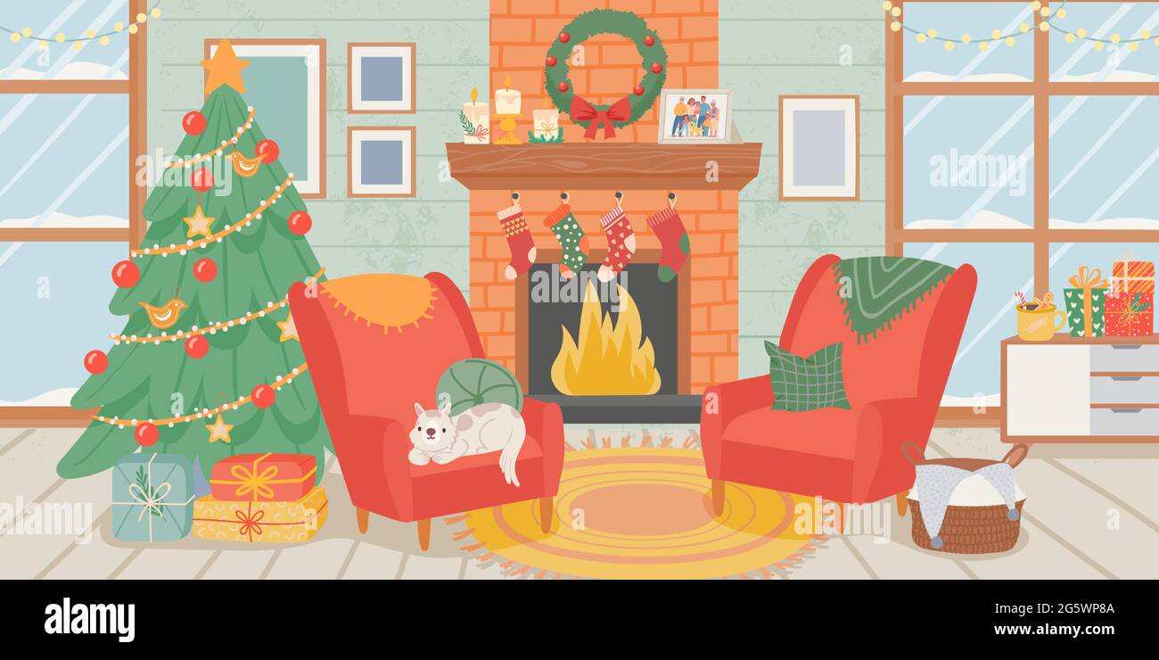 Interno del soggiorno di Natale. Decorazione casa di nuovo anno, albero di Natale con scatole regalo, cane e camino con calze. Accogliente scena vettoriale invernale Illustrazione Vettoriale