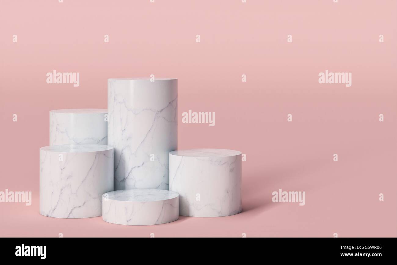basi cilindriche in marmo bianco su sfondo rosa. rendering 3d. Foto Stock