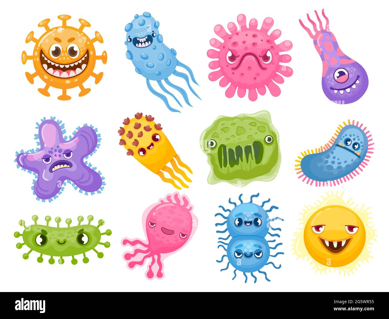Virus cartoni animati. Germi e batteri con facce malvagie. Cattivo carattere microbo patogeno. Coronavirus e malattia influenzale batterio mostro insieme vettore Illustrazione Vettoriale
