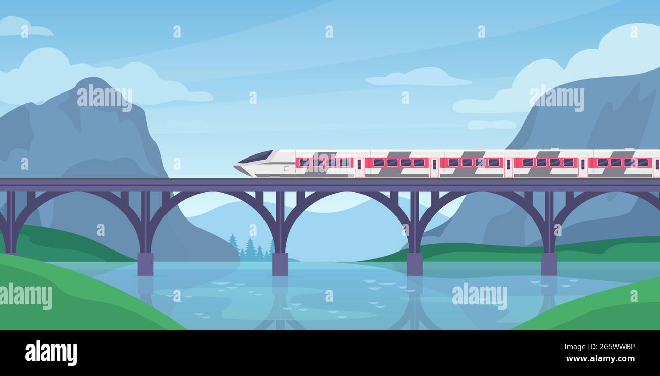 Treno sul ponte. Paesaggio montano con treno elettrico veloce su ferrovia. Trasporto ferroviario veloce. Viaggio avventura vettore concetto Illustrazione Vettoriale
