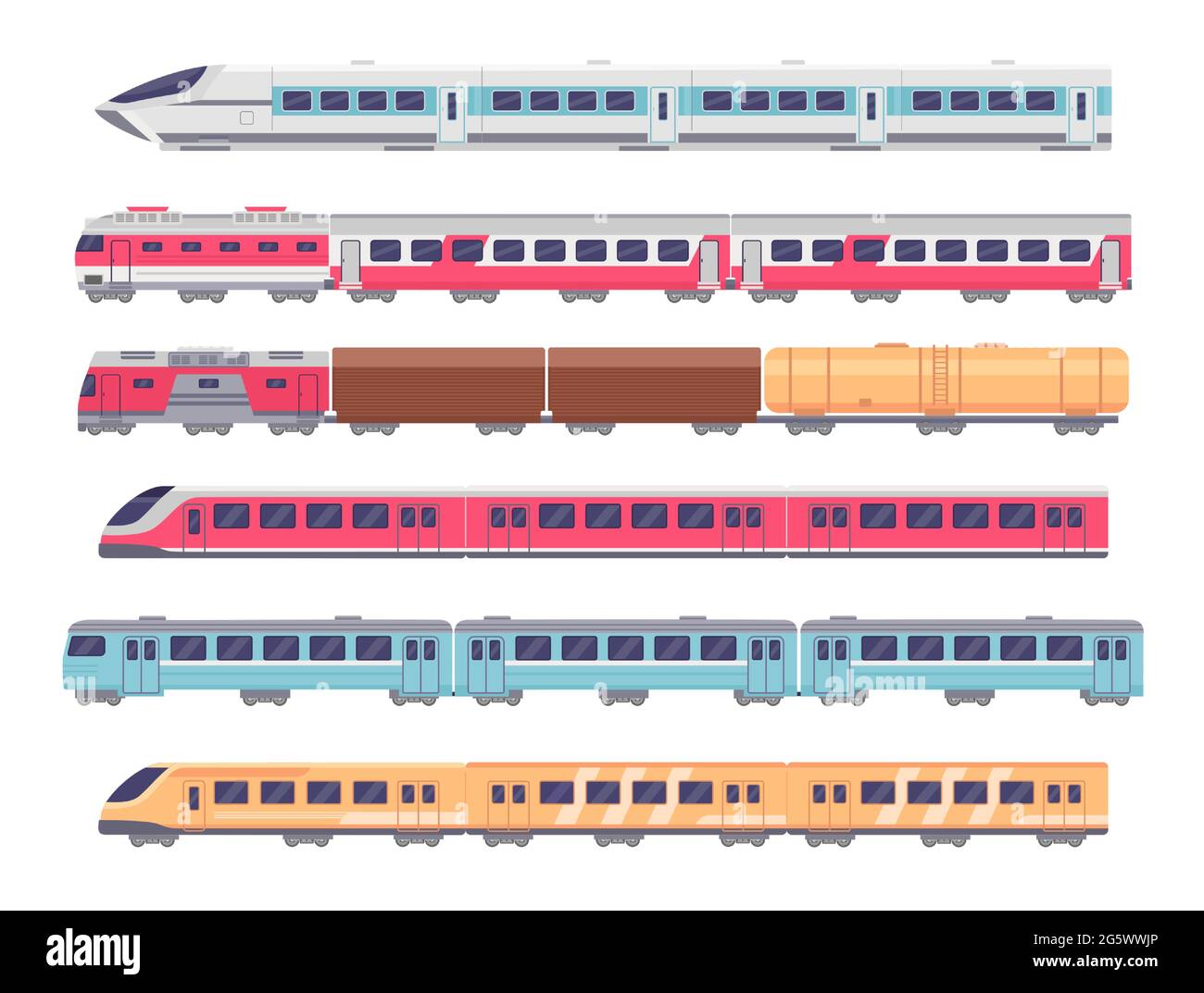 Treni passeggeri. Cartoon metropolitana, treno espresso e cargo. Trasporto sotterraneo con carri. Locomotiva metropolitana, vettore ferroviario di trasporto Illustrazione Vettoriale