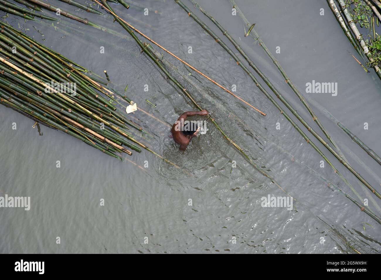 Bastoni di bambù sono visti su un mercato di bambù in Bangladesh, il 30 giugno 2021. Foto Stock