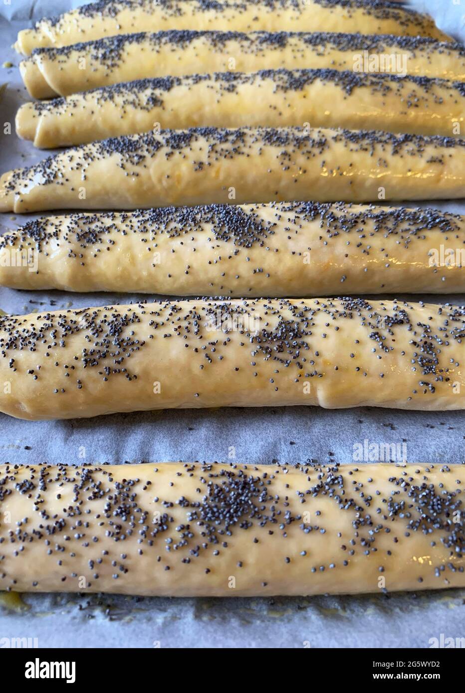Bastoni non cotti con semi di papavero su una teglia da forno. Direttamente sopra. Spazio di copia. Foto Stock