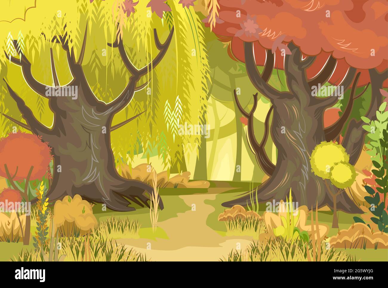 Autunno strada forestale. Piante verdi, gialle e rosse. Il bordo. Glade. Bellissimi alberi sottili e graziosi. Stile piatto. Disegno di cartone animato. Vettore Illustrazione Vettoriale