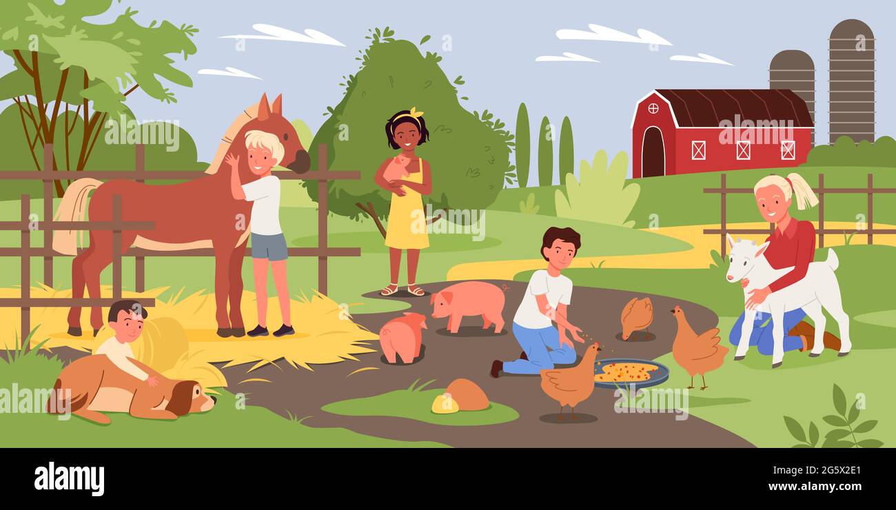 Cartoon ragazzo ragazza personaggi bambino che tengono carino piggy, abbracciando cane, in piedi accanto a cavallo e nutrendo polli con cibo sfondo. Bambini in Illustrazione Vettoriale