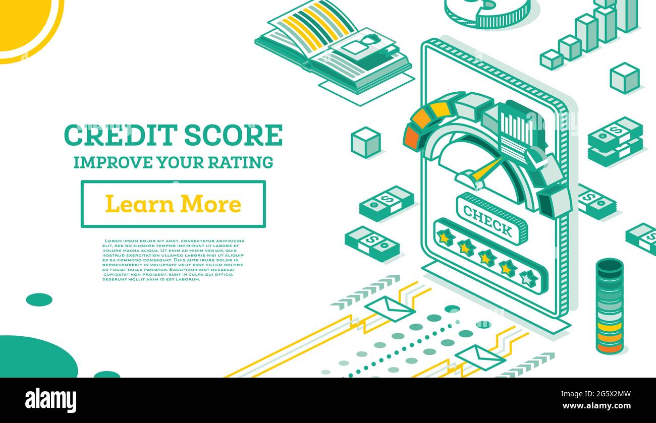 Applicazione mobile isometrica per il controllo del punteggio di credito personale. Illustrazione vettoriale. Scala di valutazione da scarsa a buona tariffa. Affidabilità creditizia o rischio. Illustrazione Vettoriale