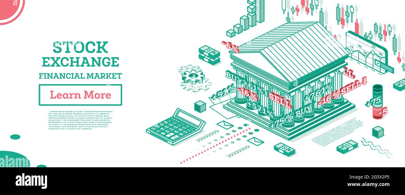 Edificio della Borsa Isometrica. Banca di contorno. Illustrazione vettoriale. Distretto finanziario commerciale. Visualizzazione delle modifiche dei preventivi di borsa. Illustrazione Vettoriale