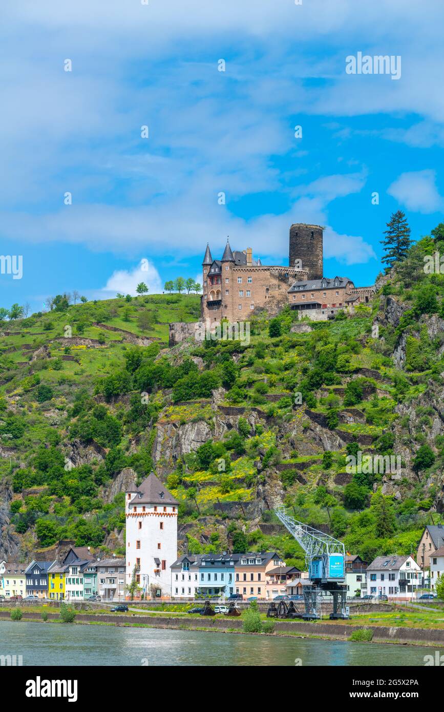 Castello di Katz del XIV secolo, San Goarshausen, alta Valle del Medio Reno, Patrimonio dell'Umanità dell'UNESCO, Renania-Palatinato, Germania Foto Stock