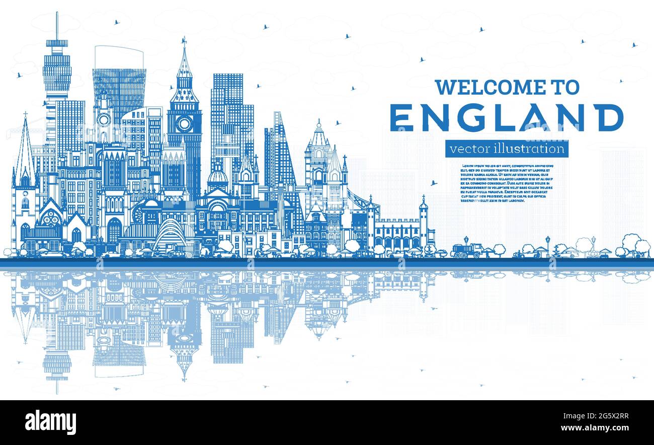 Profilo Benvenuti in England City Skyline con edifici blu e riflessi. Illustrazione vettoriale. Concetto con architettura storica. Illustrazione Vettoriale