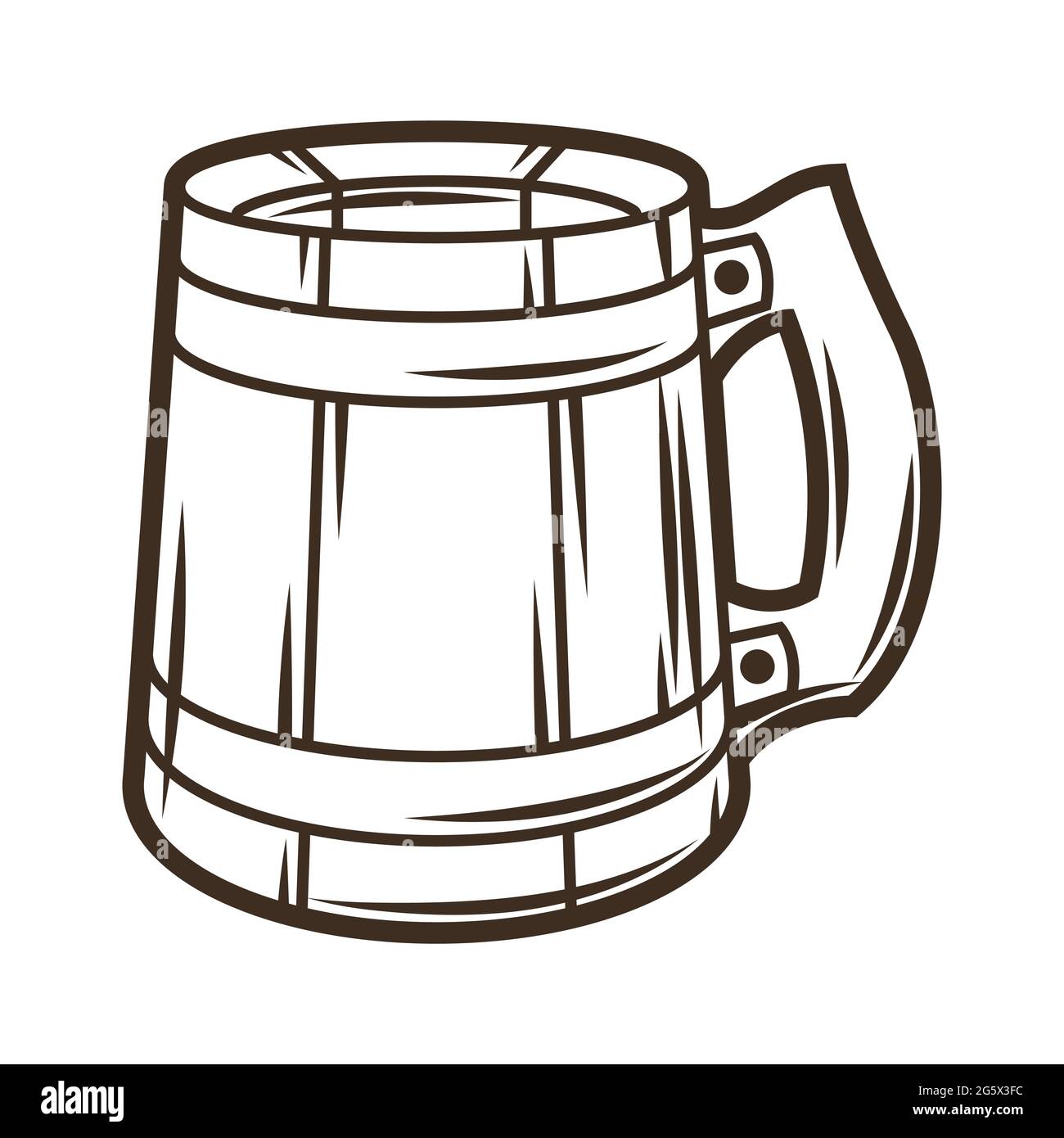 Illustrazione della tazza di legno con la birra. Oggetto in incisione stile disegnato a mano. Vecchio elemento per il festival della birra o l'Oktoberfest. Illustrazione Vettoriale