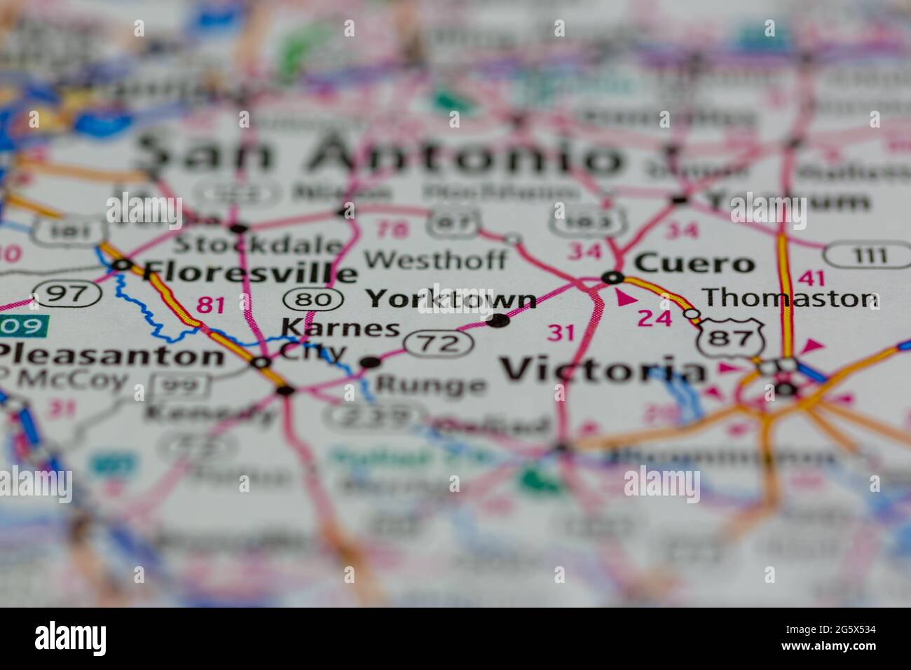 Yorktown Texas USA visualizzata su una mappa geografica o su una mappa stradale Foto Stock