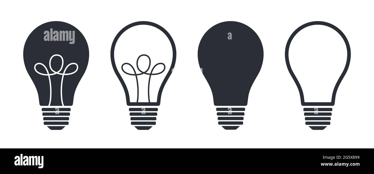Diversi tipi di simboli di bulbo luminoso riempiti e icone di illustrazione vettoriale della versione del contorno Illustrazione Vettoriale