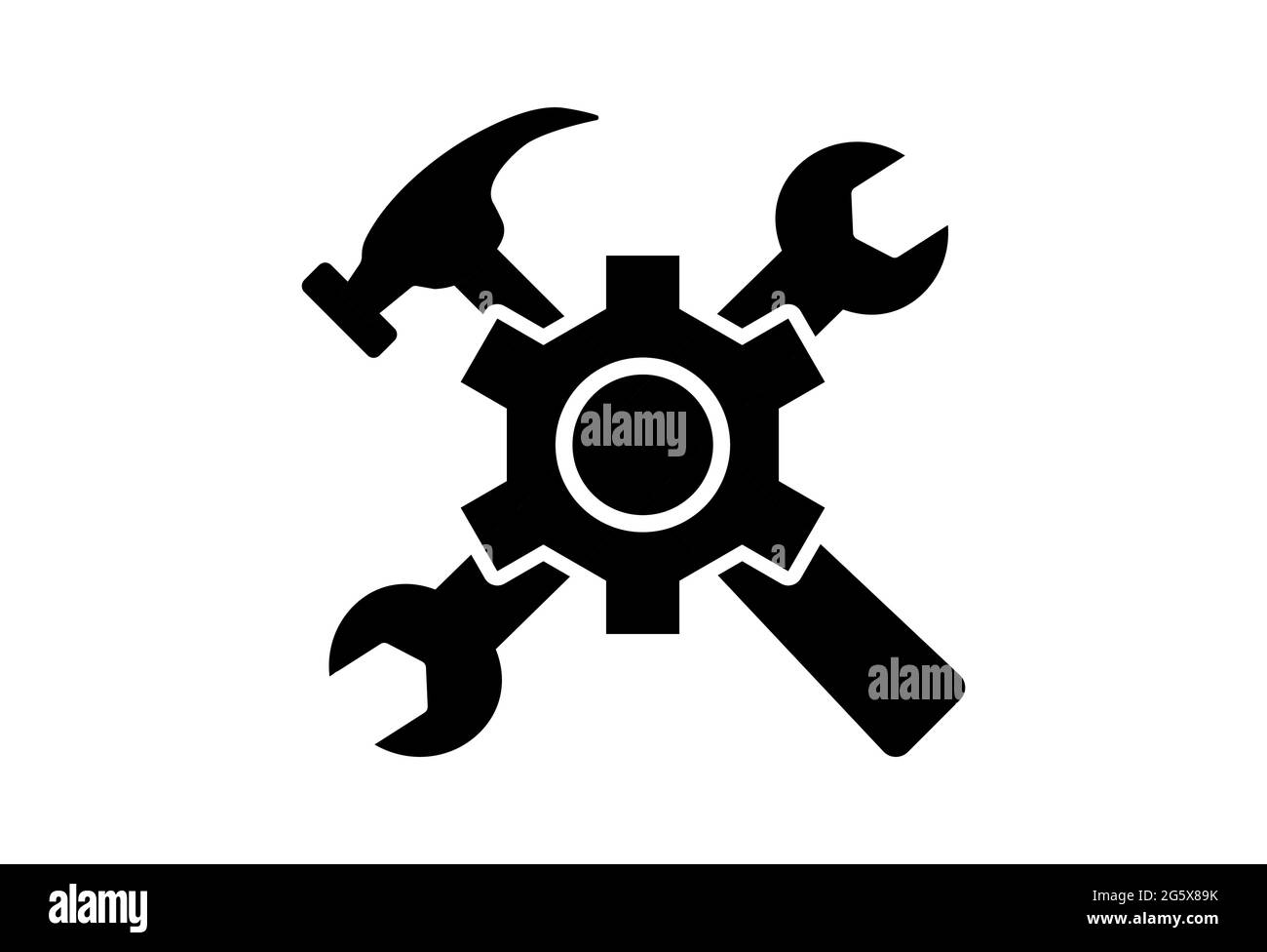 Simbolo di costruzione o manutenzione con una chiave a ingranaggi e un'icona a forma di vettore del martello Illustrazione Vettoriale