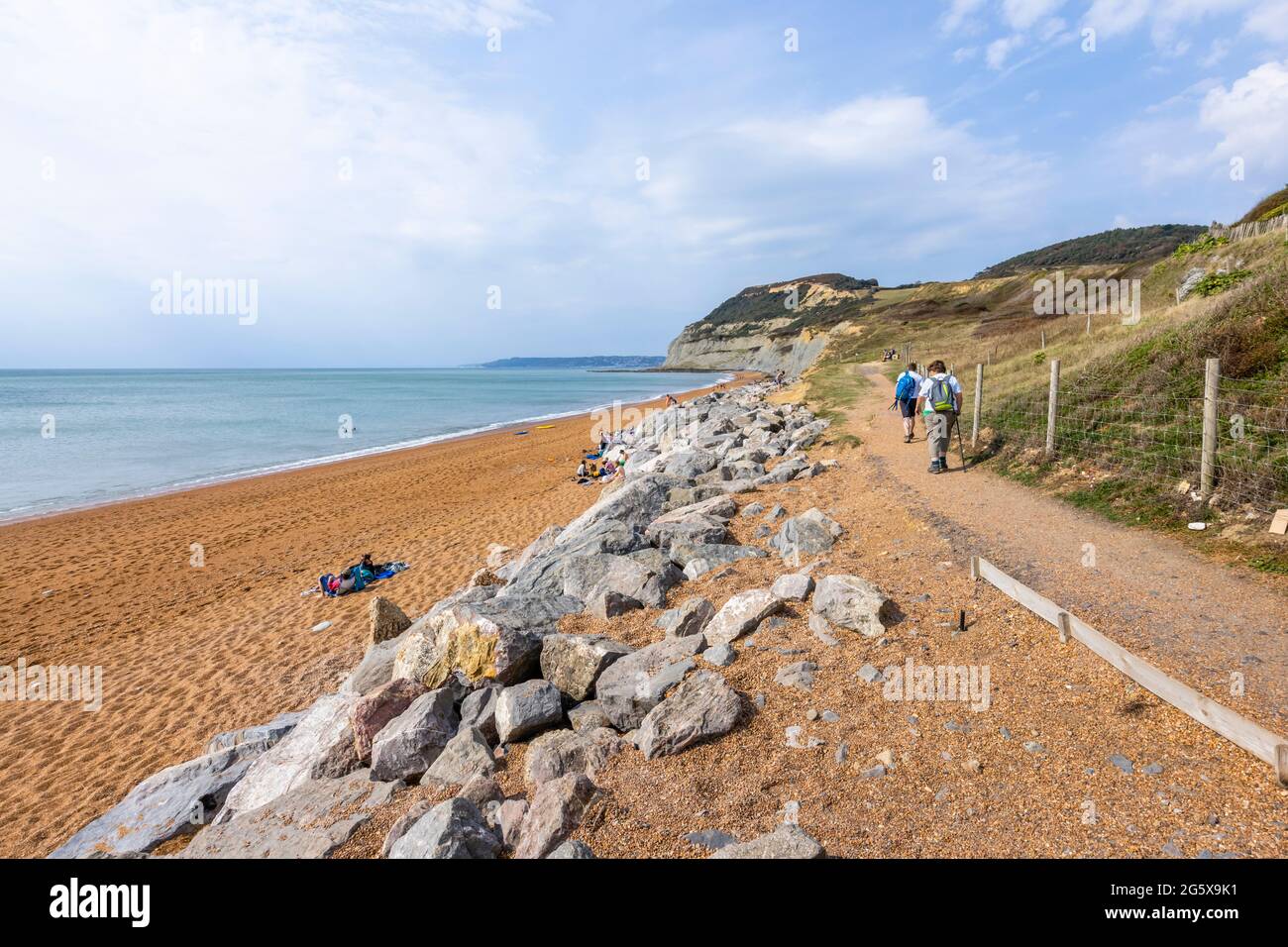 Il South-West Coast Path a Seatown con vista sul Golden Cap e la costa e le scogliere sulla Jurassic Coast a Dorset, Inghilterra sud-occidentale Foto Stock