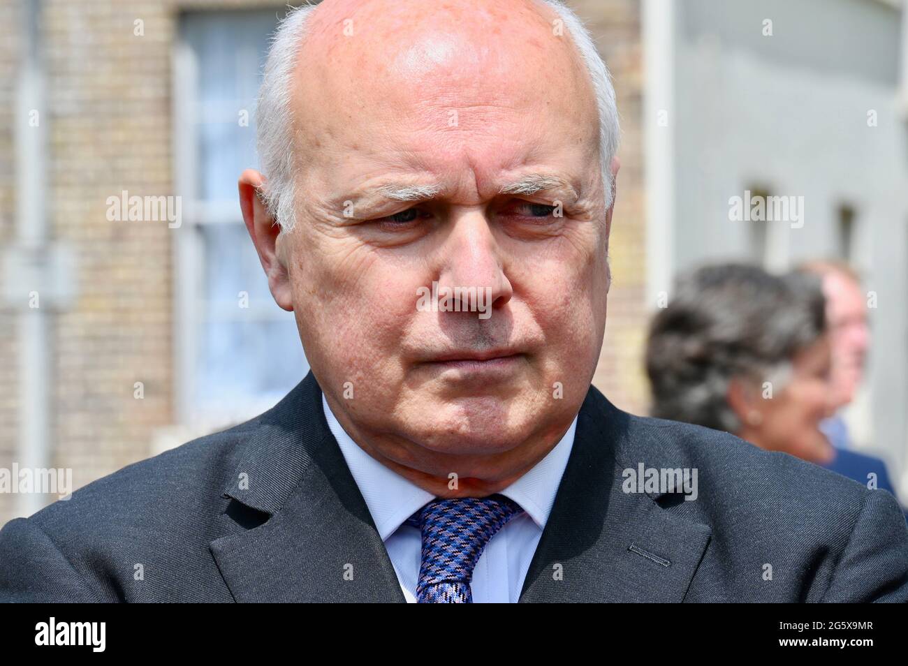 Iain Duncan Smith, Travel Day of Action, College Green, Houses of Parliament, Westminster, Londra. REGNO UNITO Foto Stock