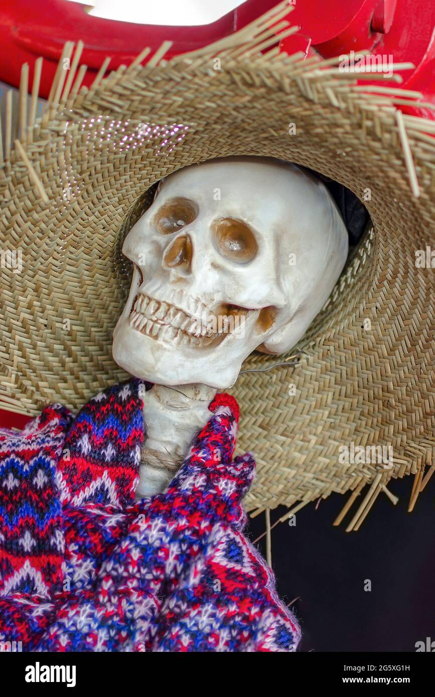 scheletro di halloween. Uno scheletro indossa un cappello di paglia, una  decorazione di Halloween. Posiziona per il testo Foto stock - Alamy