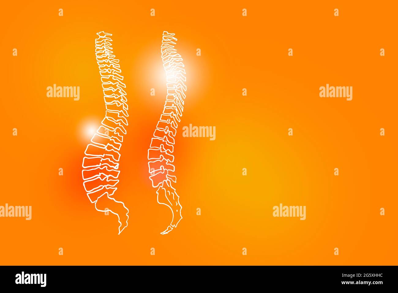 Illustrazione Handrawn della colonna umana su sfondo arancione positivo. Set medico-scientifico con i principali organi umani con spazio di copia vuoto per testo o informazioni Foto Stock