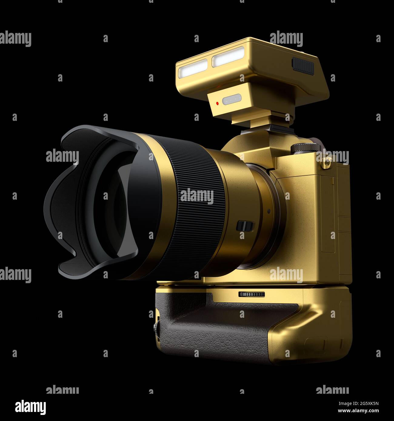 Fotocamera DSLR inesistente con obiettivo e flash esterno speedlight nero. Foto Stock