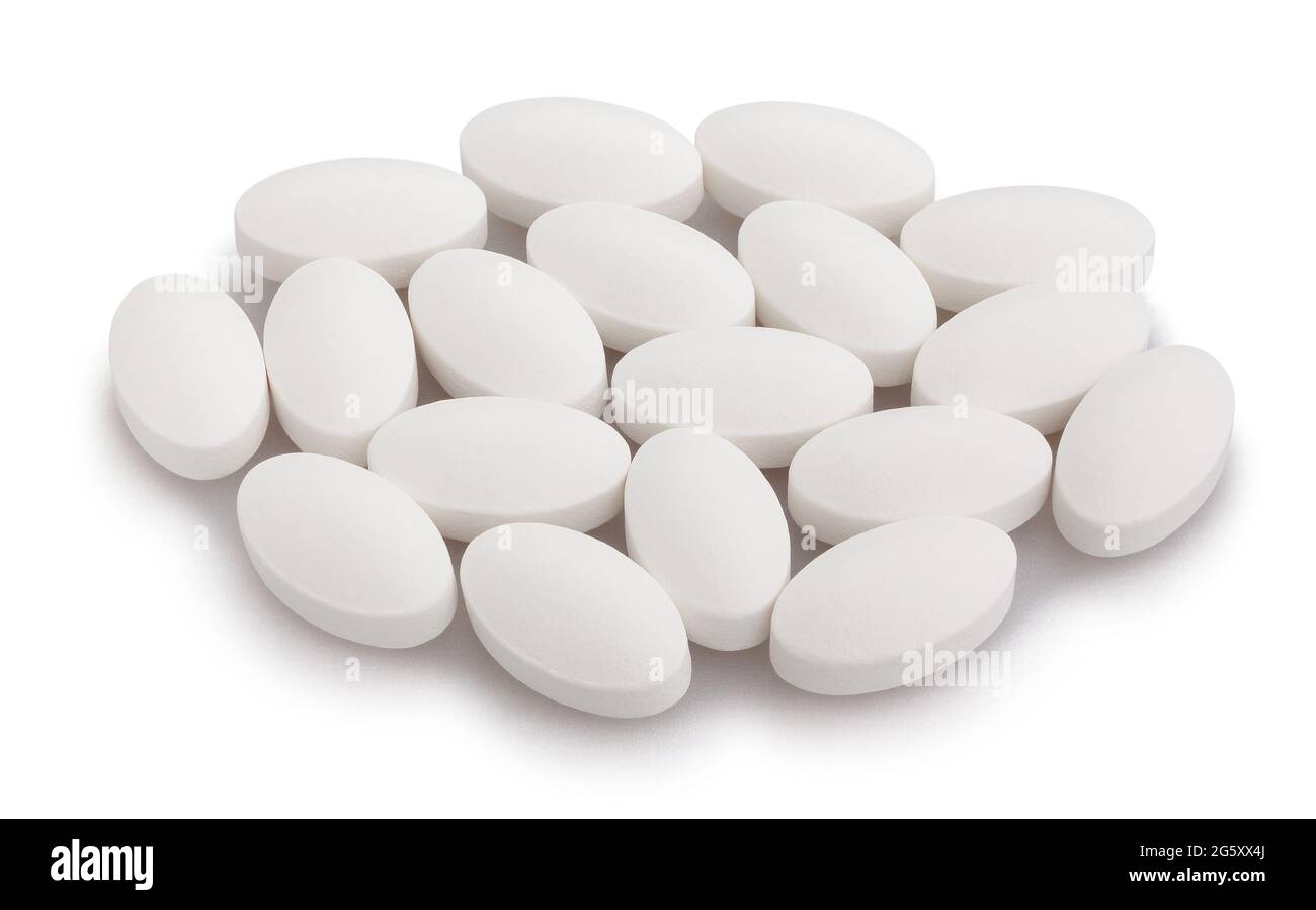 pillole di vitamina percorso isolato su bianco Foto Stock