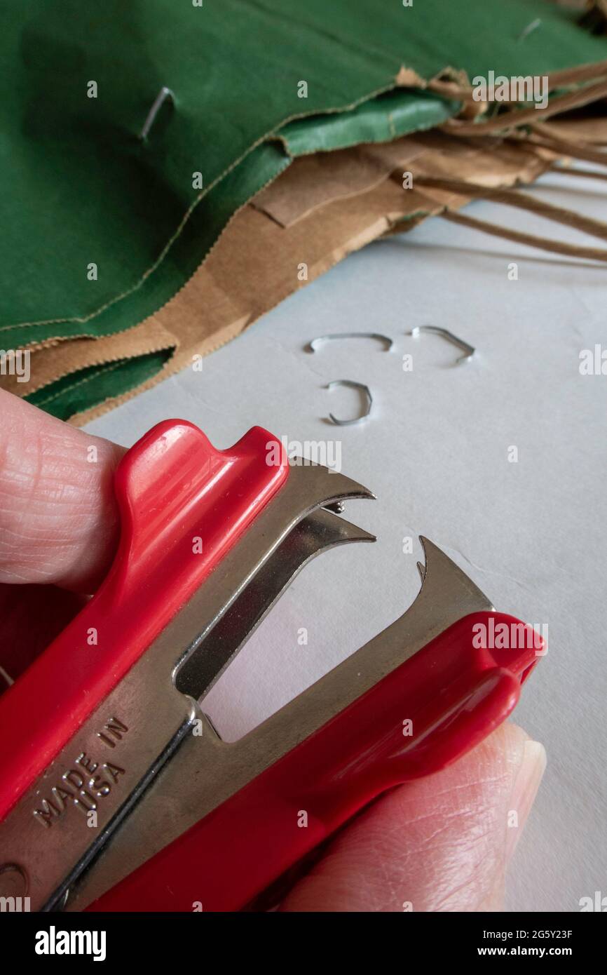Primo piano di un uomo che utilizza un dispositivo di rimozione cucitrice, Stati Uniti Foto Stock