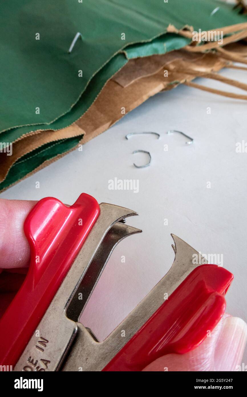 Primo piano di un uomo che utilizza un dispositivo di rimozione cucitrice, Stati Uniti Foto Stock