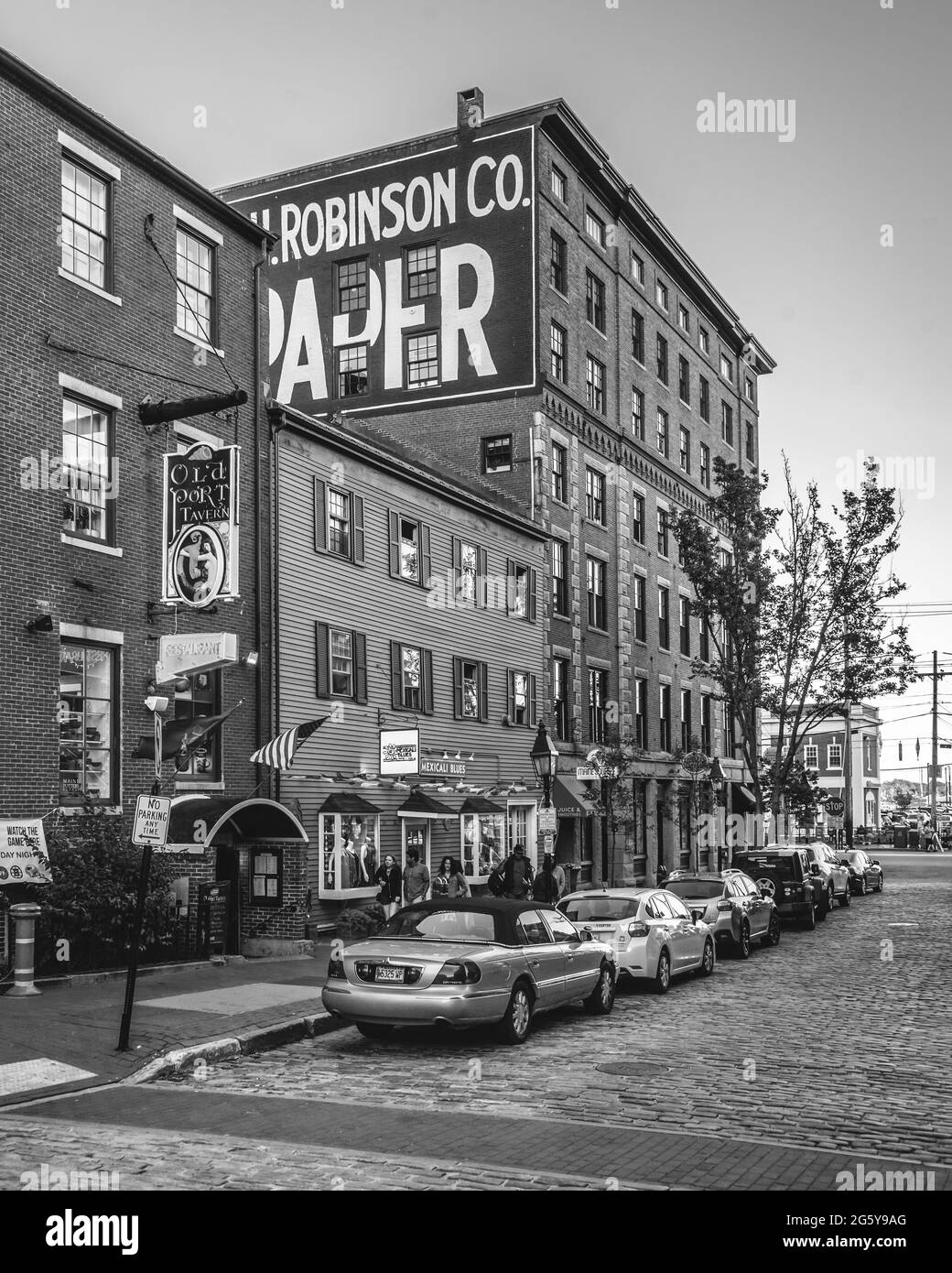 Moulton Street, una strada acciottolata a Portland, Maine Foto Stock
