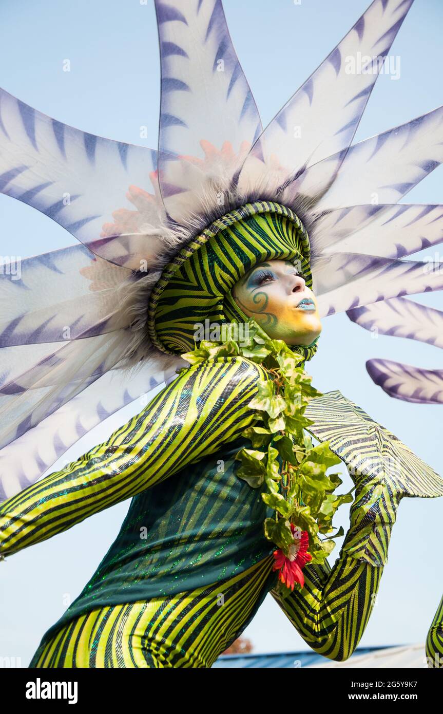 Puyallup, WA USA 10 settembre 2015: Donna partecipante in un costume gigante verde alla fiera dello stato di Washington, la più grande attrazione singola della sta Foto Stock
