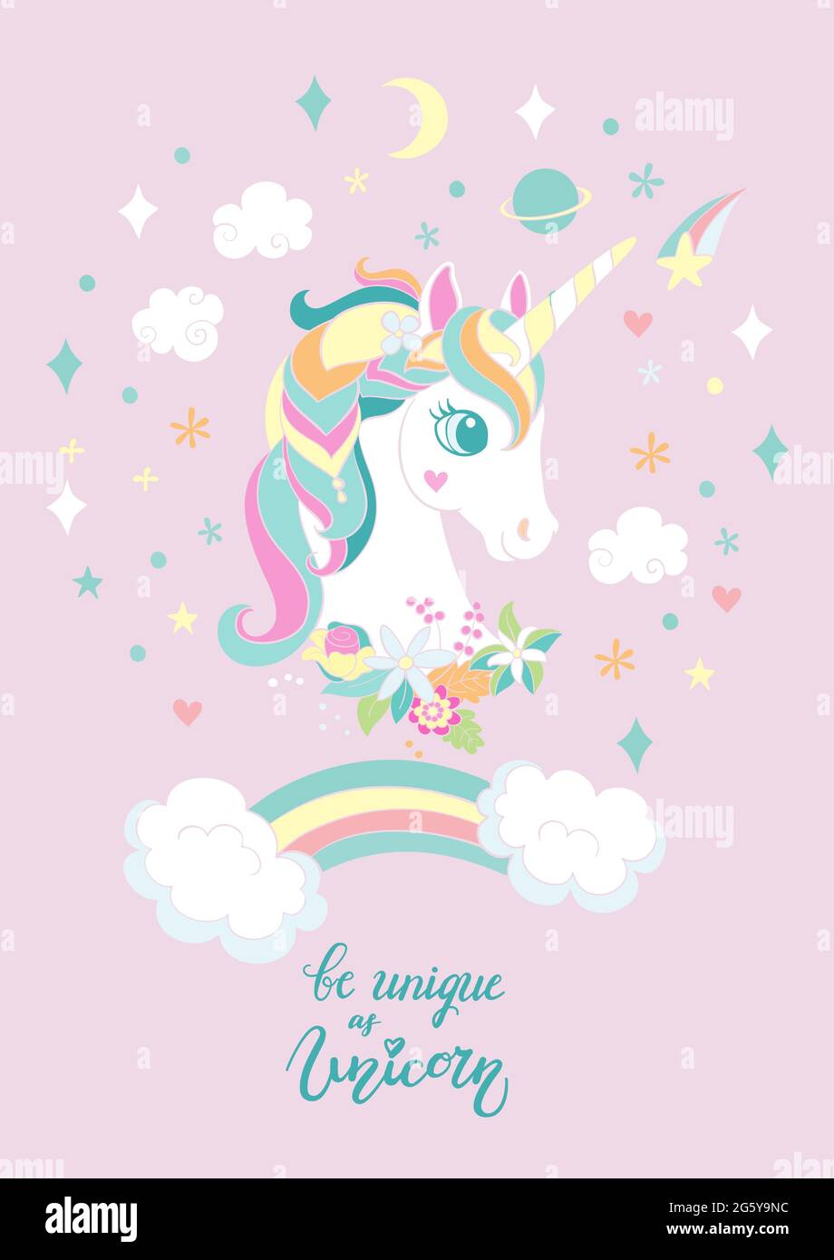 Unicorno bianco fumetto con arcobaleno ed elementi magici. Immagine verticale del vettore isolata su sfondo rosa. Per adesivi, design, decorazioni, stampe e. Illustrazione Vettoriale