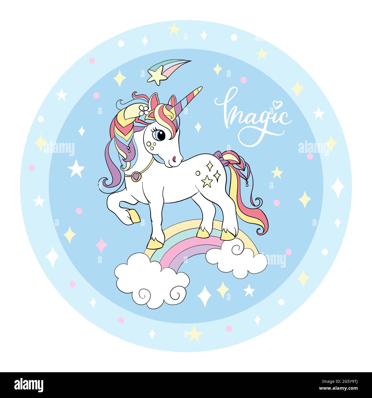 Carino unicorno bianco cartoon si erge su un arcobaleno. Illustrazione vettoriale forma del cerchio su sfondo blu. Per festa, stampa, acquazzone del bambino, disegno, decorazione, dis Illustrazione Vettoriale