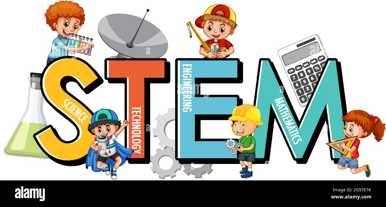 LOGO di istruzione STEM con molti bambini cartoon illustrazione carattere Illustrazione Vettoriale