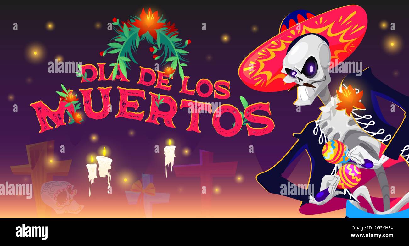 Dia de los muertos cartoon banner, messicano giorno del morto scheletro mariachi personaggio musicista con maracas, teschi di zucchero vacanza, croci, corona di fiori e candele brucianti, illustrazione vettoriale Illustrazione Vettoriale