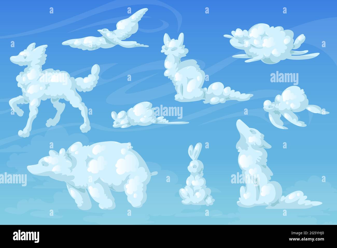 Nuvole bianche a forma di animali carini. Volpe, cane, orso, topolino, tartaruga, silhouette di lupo, uccello e coniglio sullo sfondo del cielo blu. Vettore realistico soffici nuvole soffici sotto forma di animali divertenti Illustrazione Vettoriale