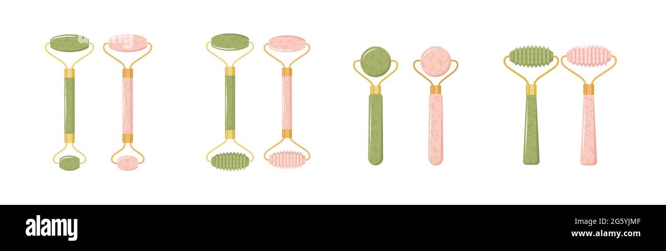Rullo facciale Jade. Massaggio cinese gua sha. Collezione di diverse forme di quarzo rosa naturale e pietre di nefrite verde. Cura della pelle e mattina Illustrazione Vettoriale