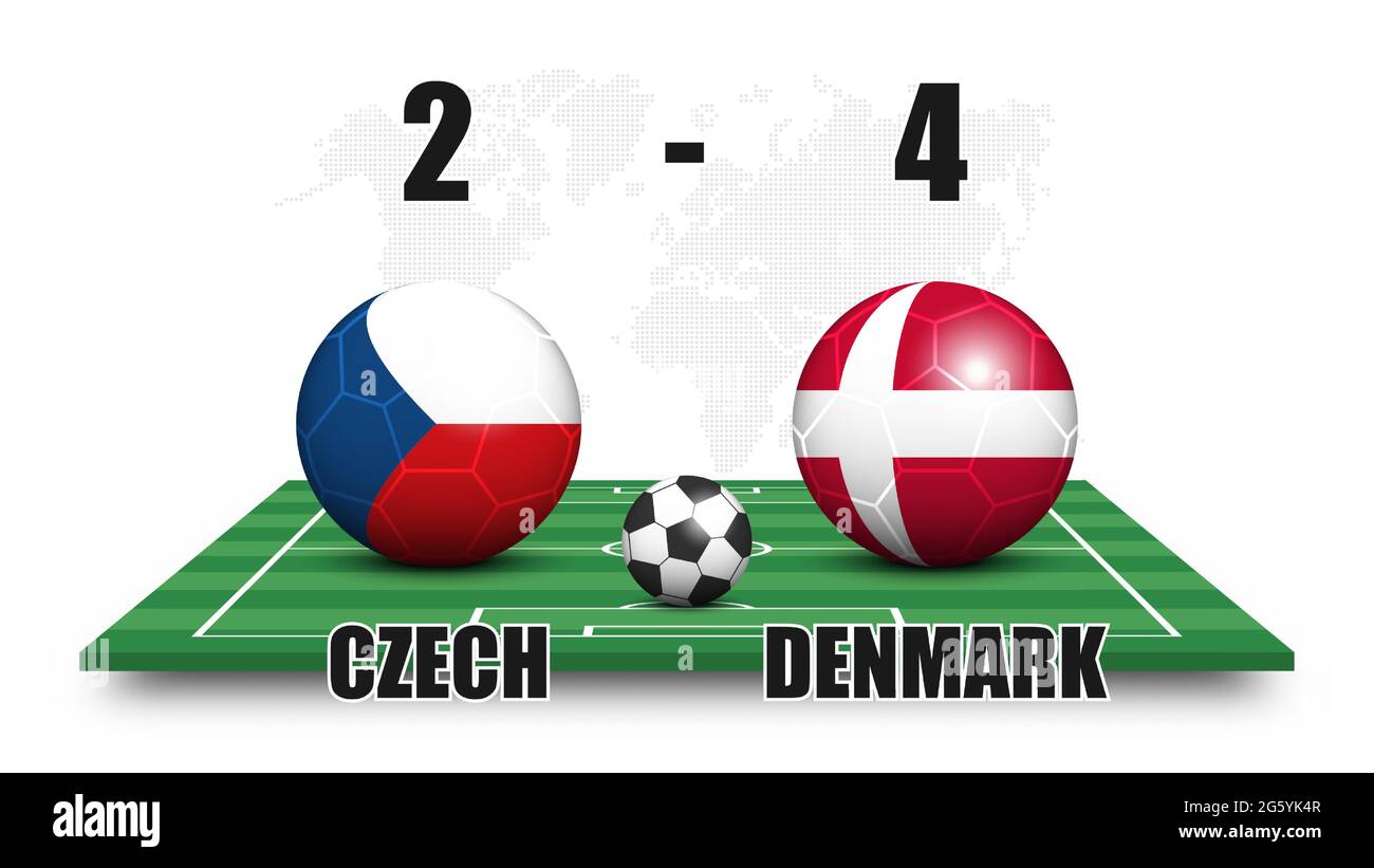 Ceco contro Danimarca . Palla di calcio con bandiera nazionale modello sul campo di calcio prospettiva . Sfondo mappa mondo punteggiato . Risultato e scor della partita di calcio Illustrazione Vettoriale