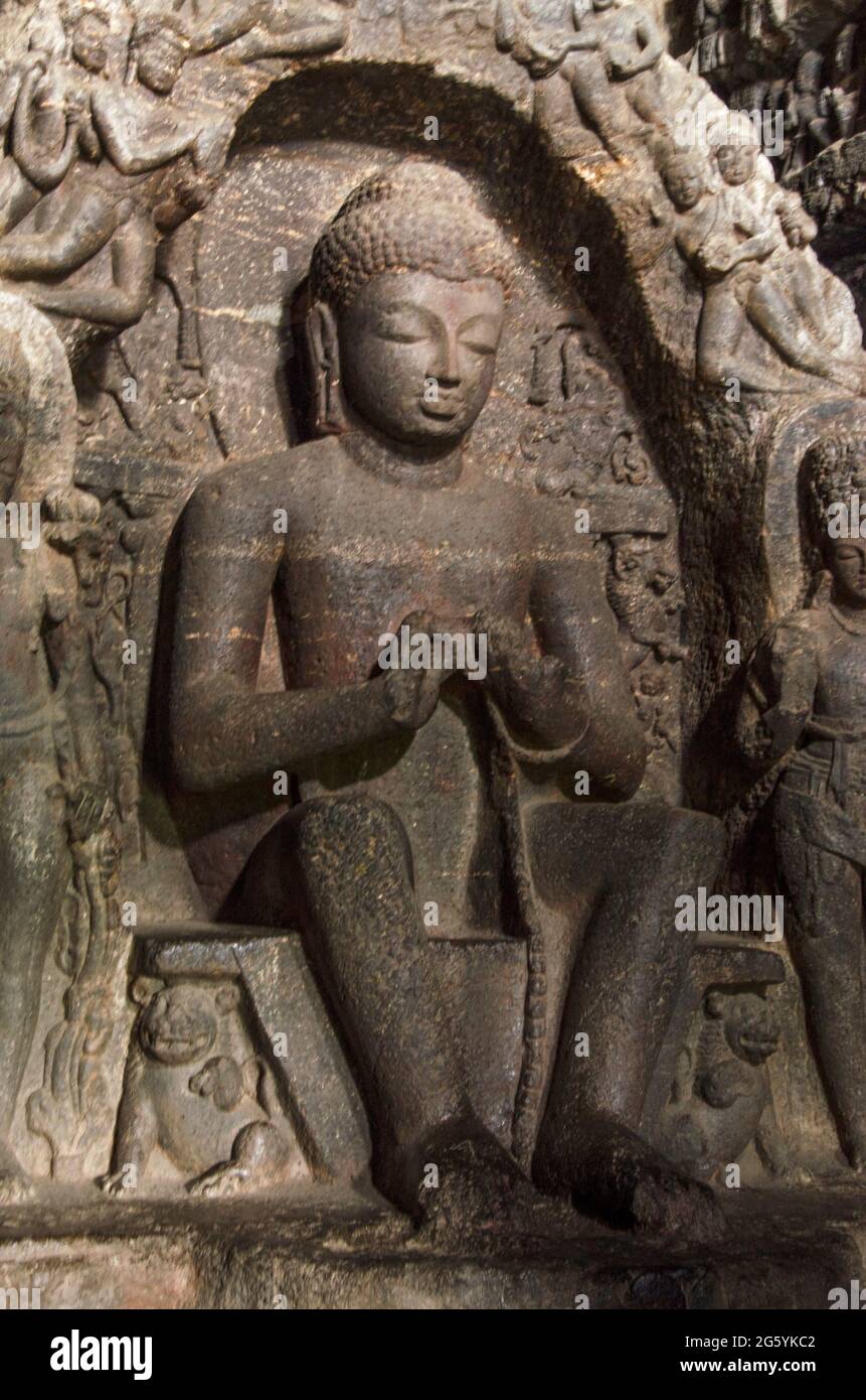Il Grande Buddha, le grotte di Ellora, Aurangabad-India, Patrimonio dell'Umanità dell'UNESCO Foto Stock
