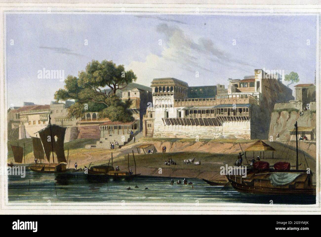 Parte della città di Patna, sul fiume Gange, novembre 1795 la grande e popolosa città di Patna si trova nella provincia di Bahar. Le garette, o scalini che conducono dal fiume, sono qui molto numerose, e sono destinate al vantaggio della merce, così come la convenienza degli Hindoos, i cui doveri religiosi li obbligano frequentemente a eseguire abluzioni nel fiume sacro Gange. L'edificio più grande è la casa di un mercante Hindoo, ed è un esempio dello stile generale degli edifici sul lato del fiume abitati da uomini di quella classe. Dal libro ' scenario orientale: Cento e fift Foto Stock