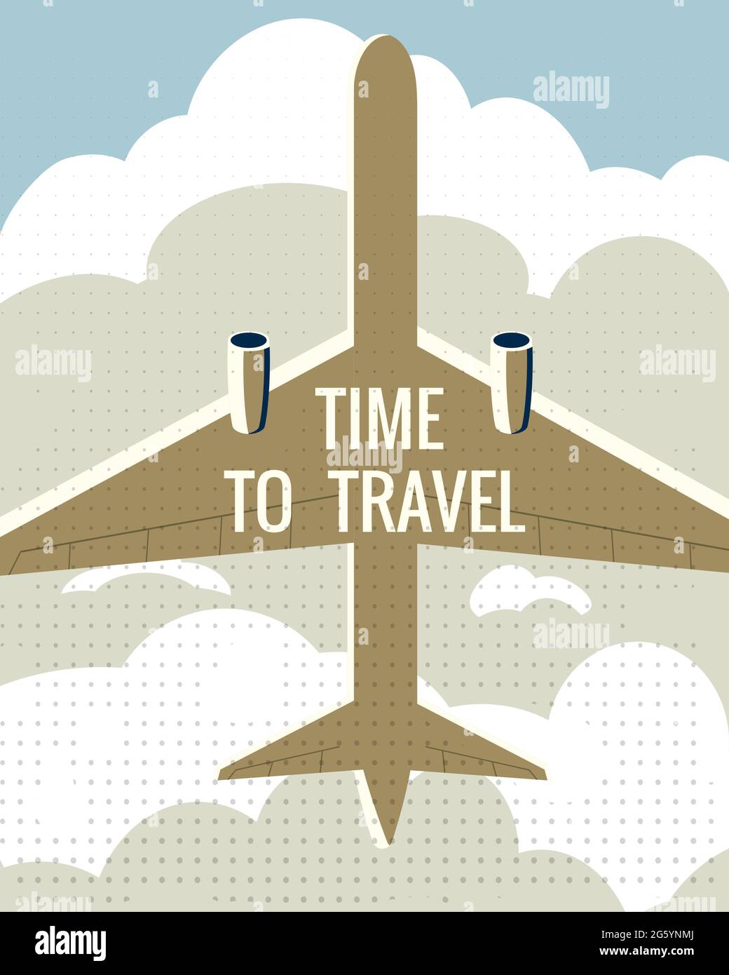 Tempo di viaggiare in aereo nel cielo. Poster delle feste estive d'epoca, banner. Immagine vettoriale stile piatto retro Illustrazione Vettoriale