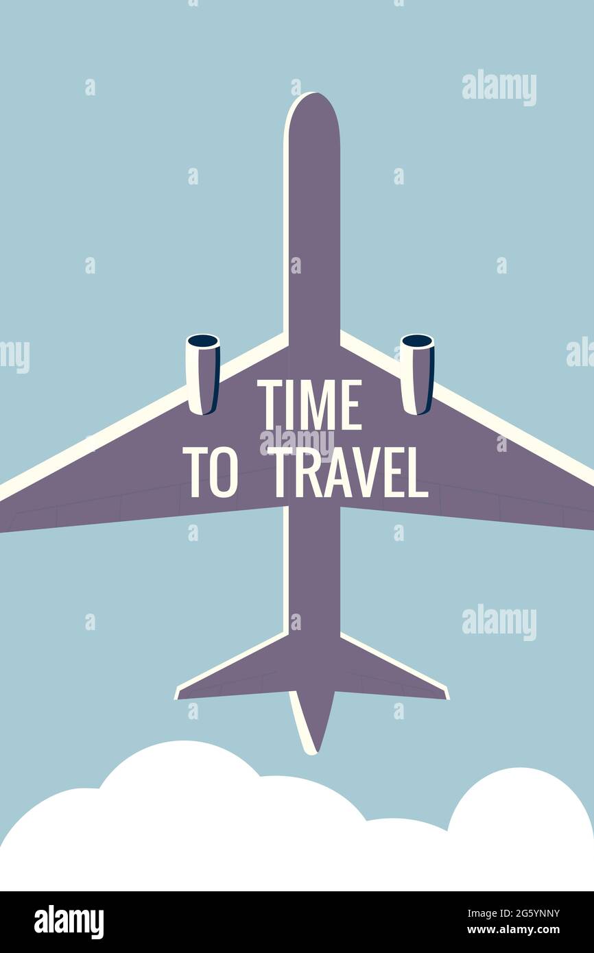 Tempo di viaggiare in aereo nel cielo. Poster delle feste estive d'epoca, banner. Immagine vettoriale stile piatto retro Illustrazione Vettoriale