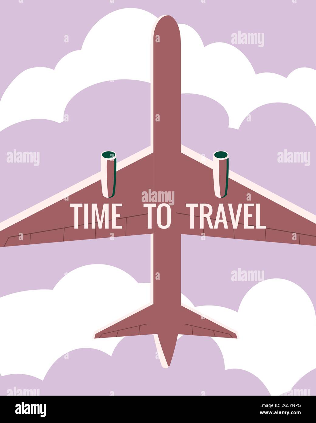 Tempo di viaggiare in aereo nel cielo. Poster delle feste estive d'epoca, banner. Immagine vettoriale stile piatto retro Illustrazione Vettoriale